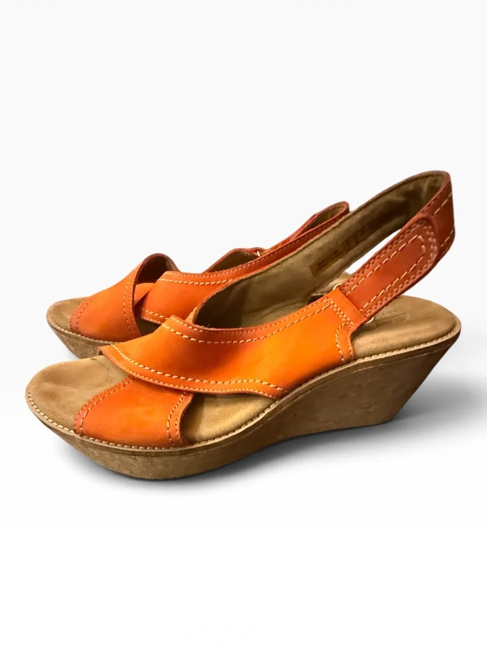 Clarks Artisan Orange Nubuck Leather Cork Wedge Sandals Size 10
